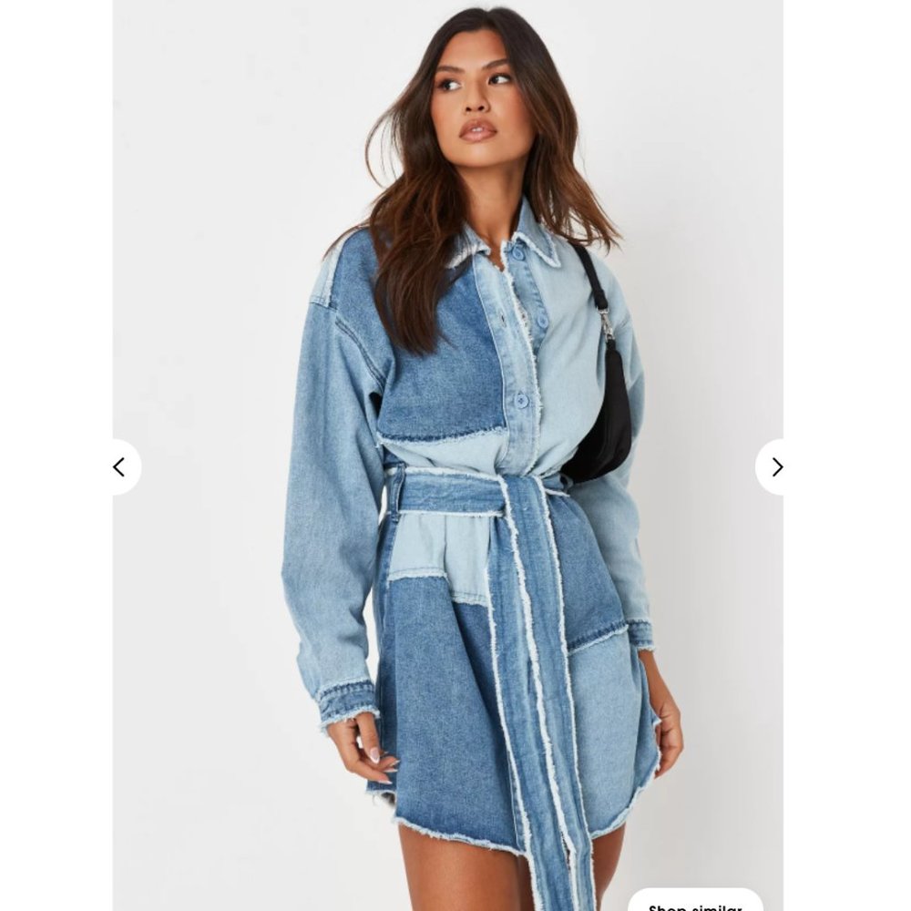 MISSGUIDED Blue denim frayed patchwork belted shirt dress Size 4 NWT